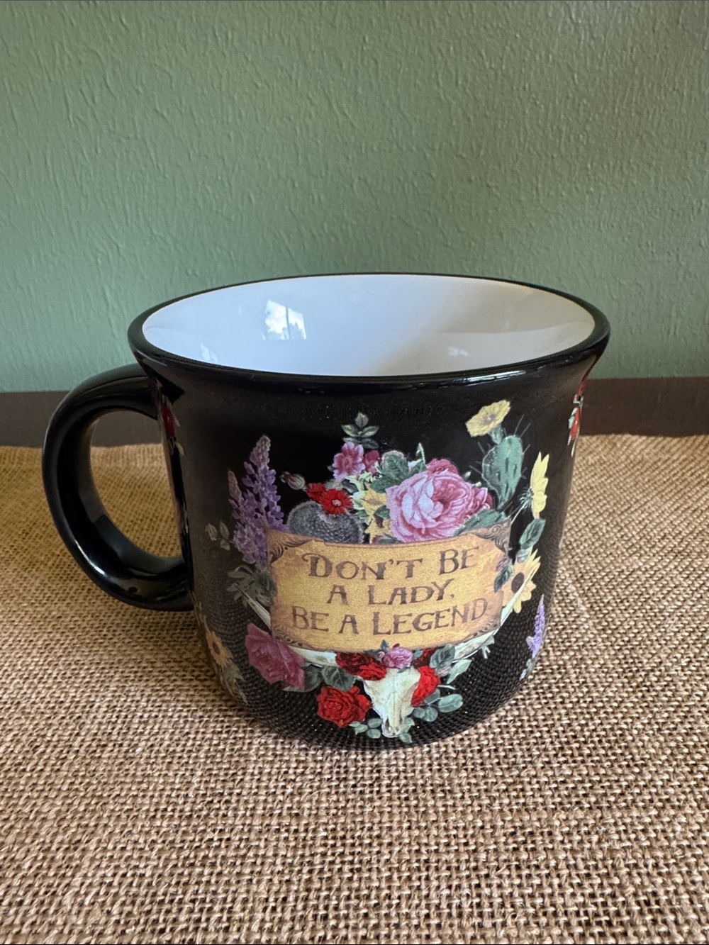 Junk Gypsy Black Floral 'Don't Be a Lady, Be a Legend' Ceramic Coffee Tea Mug